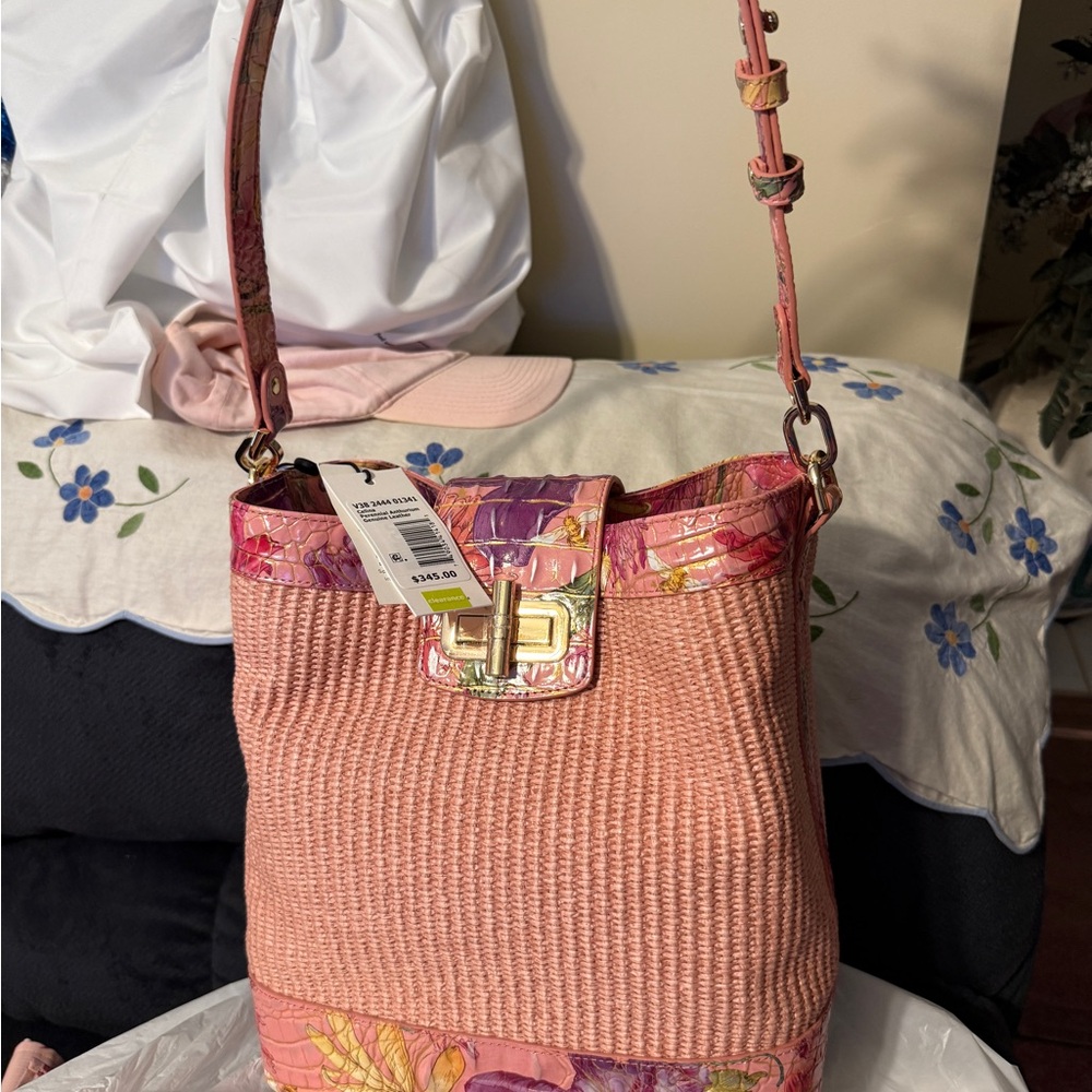 Pink Woven Shoulder Bag with Floral Accents